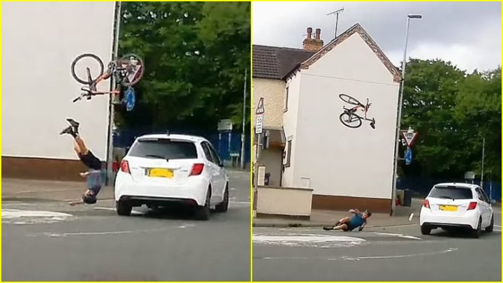 Momenti kur makina godet çiklistin që fluturon rreth 5 metra në ajër në Angli