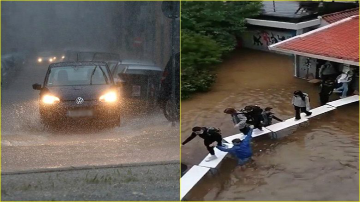 Përmbytje në Athinë, nxënësit bënë një urë me bankat për të dalë nga shkolla (VIDEO)