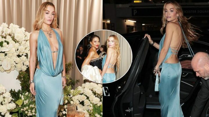 Rita Ora në darkën e “Vogue”, me një fustan mëndafshi me dekolte të hapur